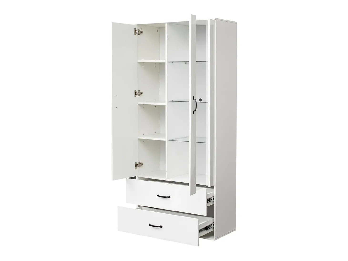 Vitrine com 2 portas e 2 gavetas e LED - Altura 180cm - Branco