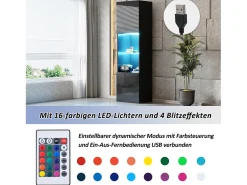 Vitrine com 2 portas e 1 prateleira de vidro - 45 x 35 x 160 cm - LEDs - Aglomerado - Preto brilhante