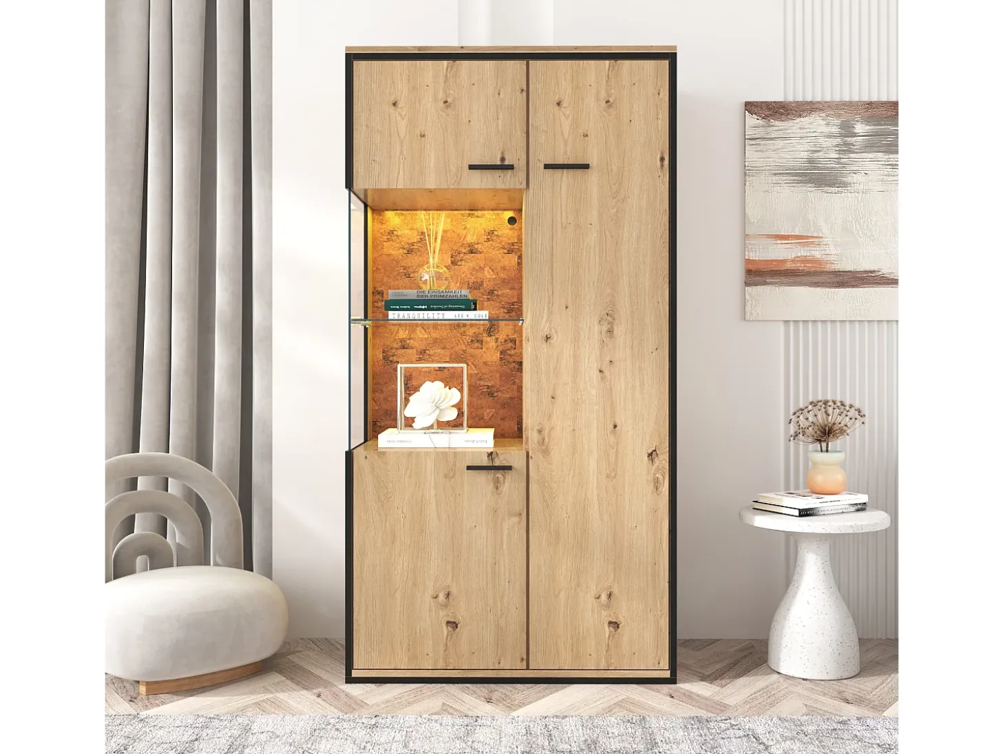 Vitrine com 3 portas e 2 prateleiras - LEDs - aglomerado e vidro - altura 150cm - cor carvalho
