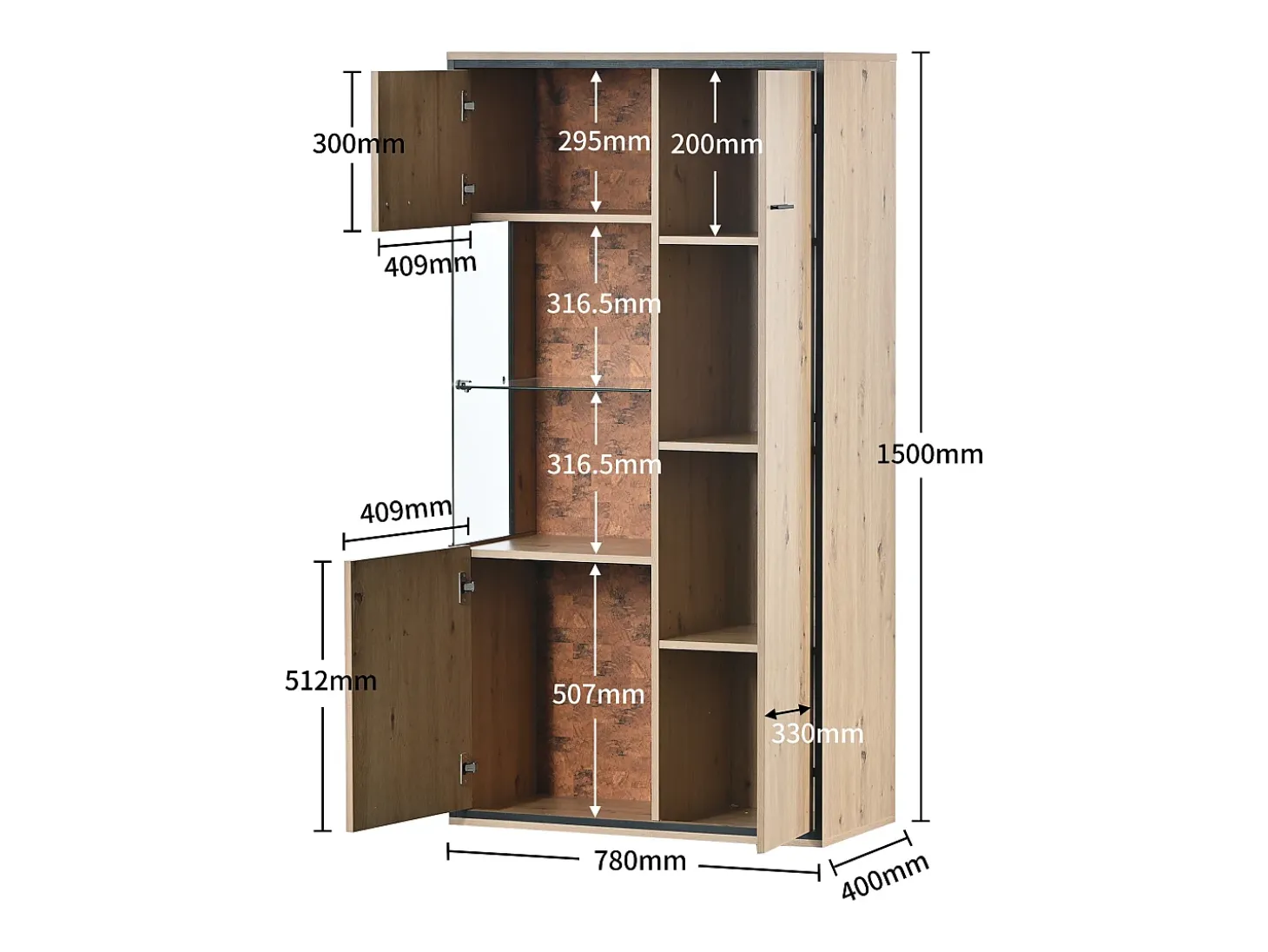 Vitrine com 3 portas e 2 prateleiras - LEDs - aglomerado e vidro - altura 150cm - cor carvalho