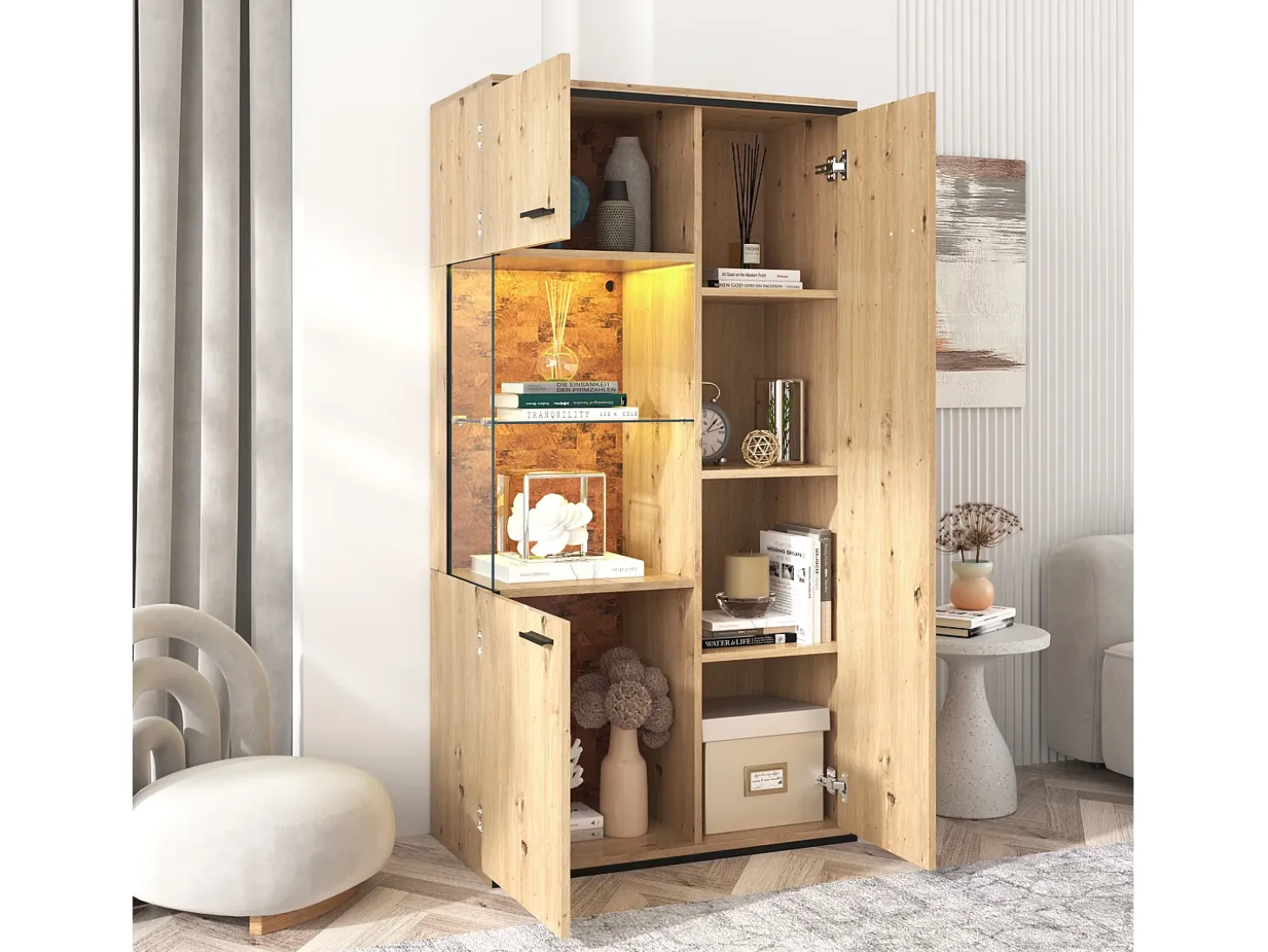 Vitrine com 3 portas e 2 prateleiras - LEDs - aglomerado e vidro - altura 150cm - cor carvalho