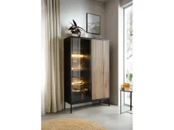 Vitrine com 2 portas e LED integrado Preto e Carvalho 104x166 cm
