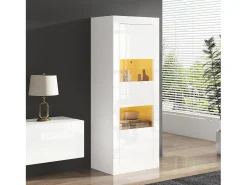 Vitrine com 2 portas e prateleiras de vidro, corpo lacado branco, LED incluído - 61x42x162cm