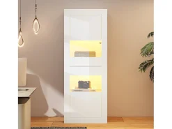 Vitrine com 2 portas e prateleiras de vidro, corpo lacado branco, LED incluído - 61x42x162cm