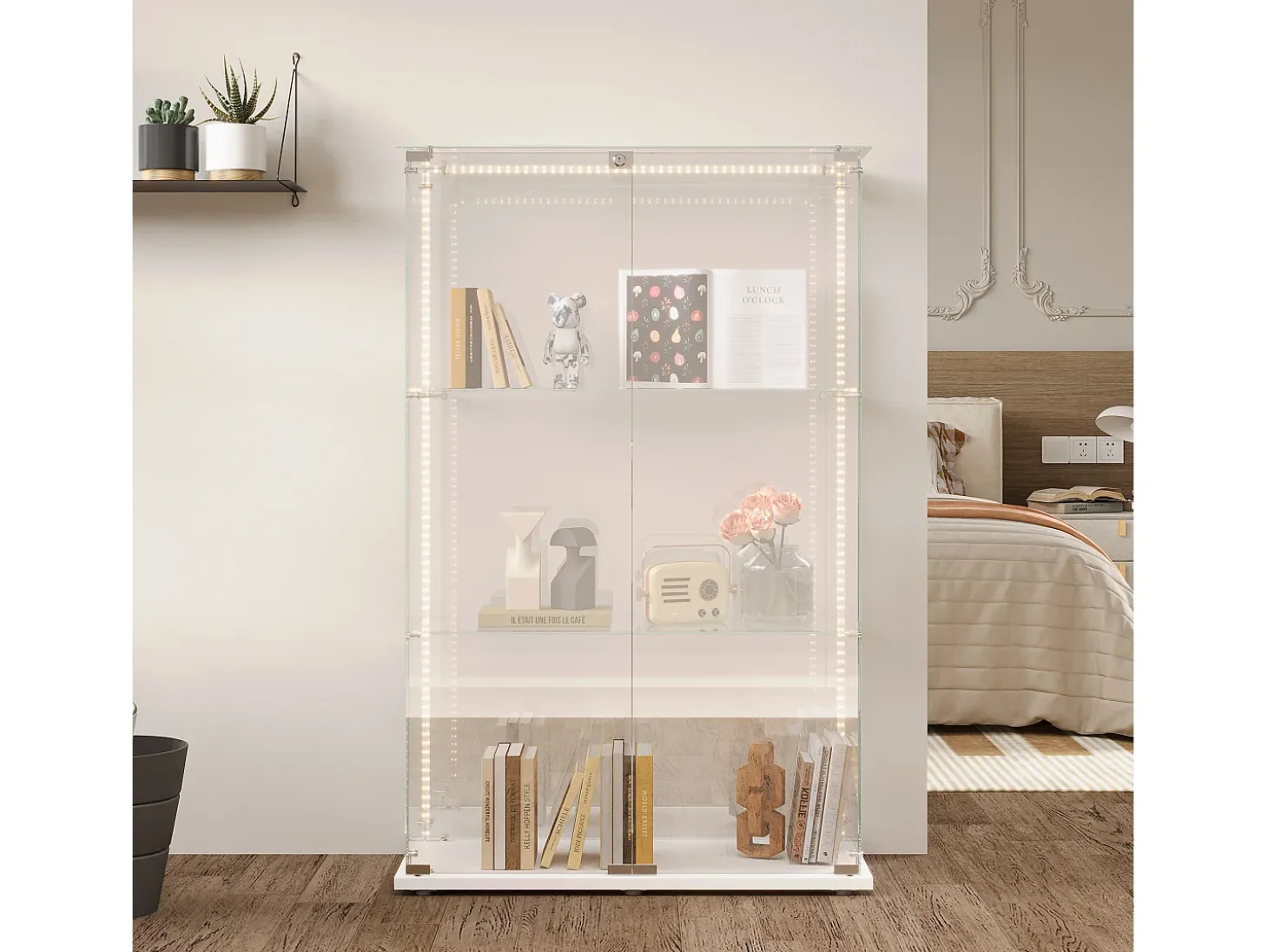 Vitrine com 4 prateleiras e portas duplas, vitrine para sala de estar