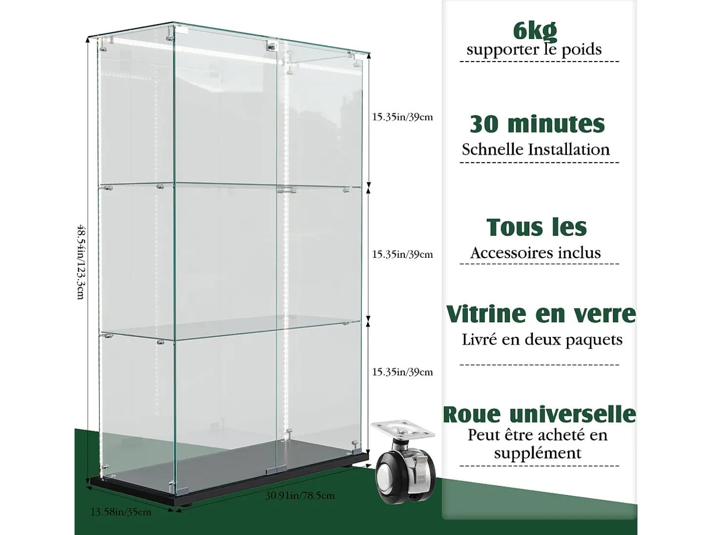 Vitrine com 4 prateleiras e portas duplas, vitrine para sala de estar