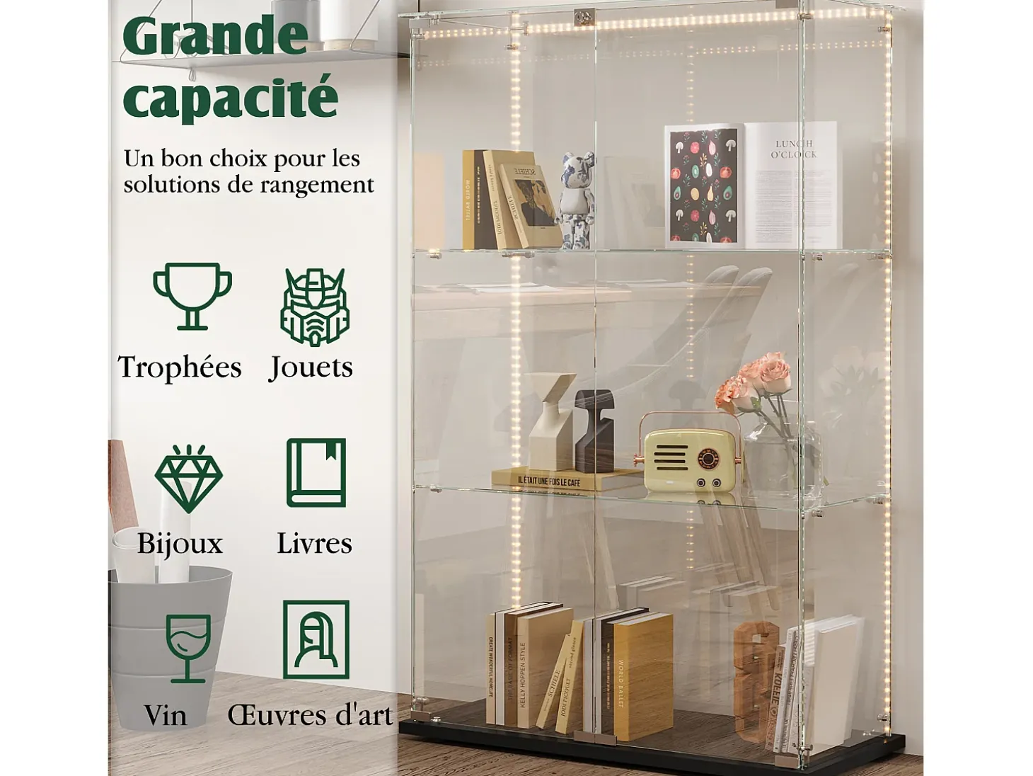 Vitrine com 4 prateleiras e portas duplas, vitrine para sala de estar