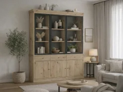Vitrine com arrumação e LEDs - Natural e preto - MARSORIA