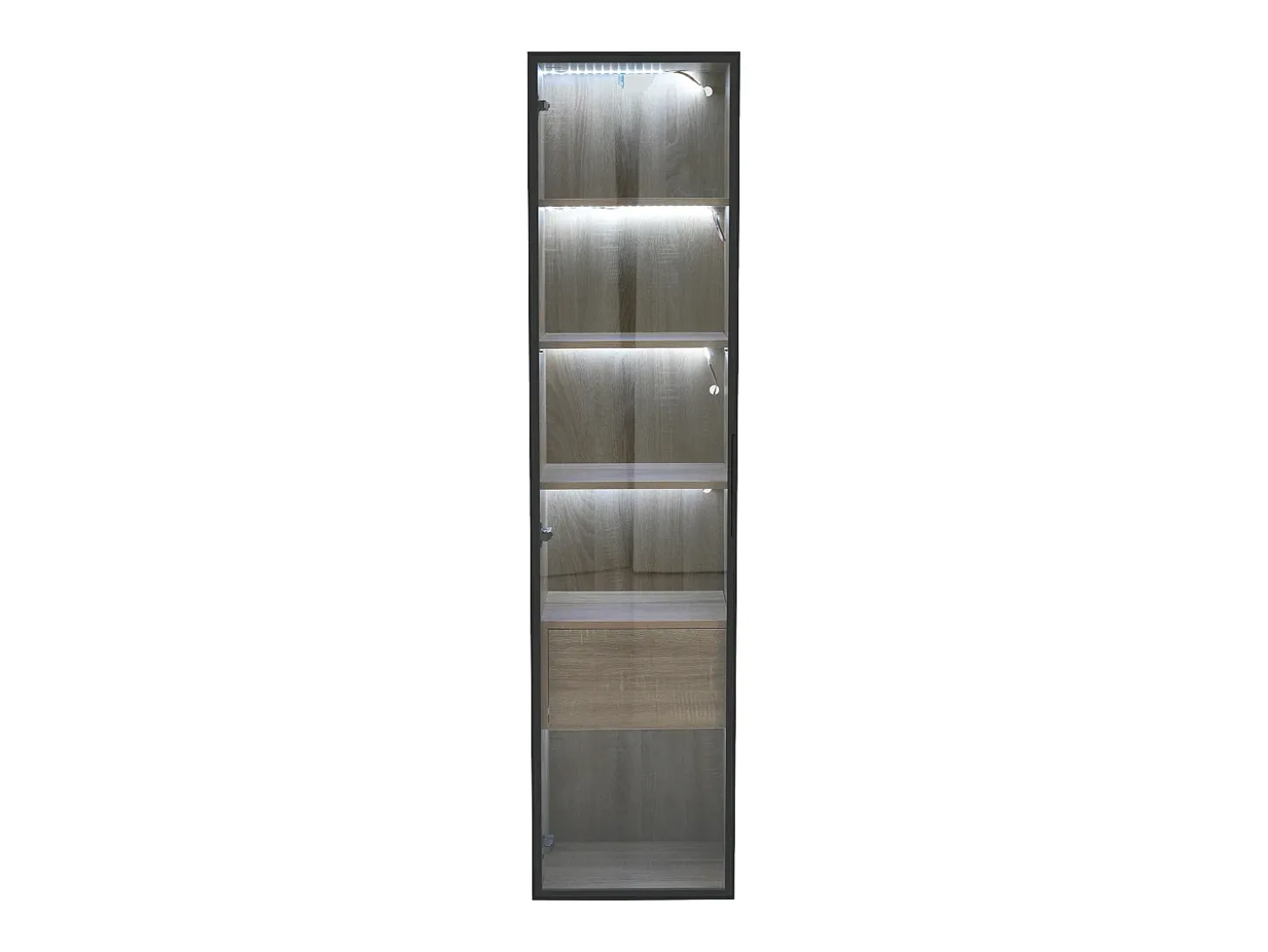 Vitrine com faixa LED, porta de vidro e gaveta - Cor natural clara