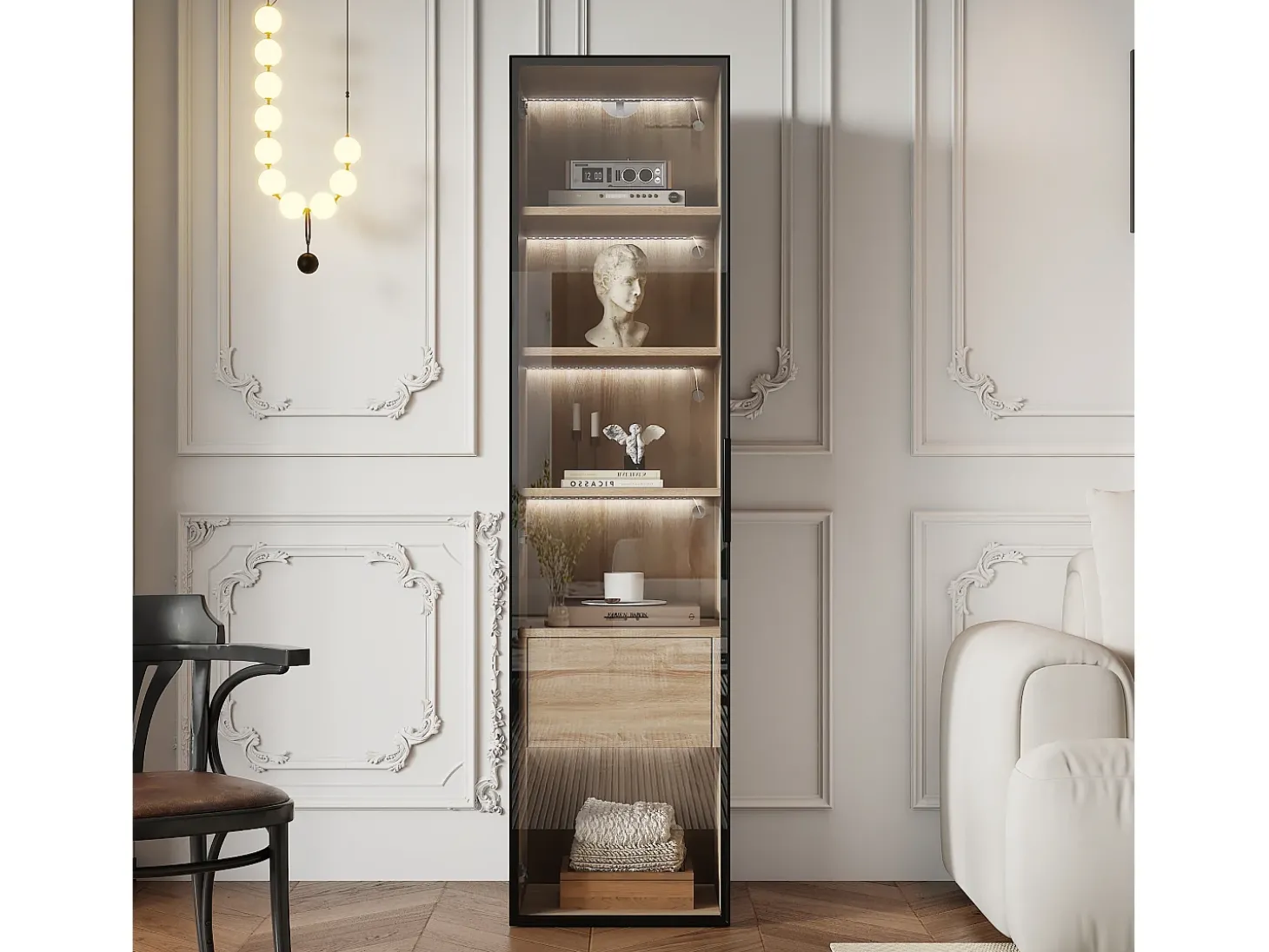 Vitrine com faixa LED, porta de vidro e gaveta - Cor natural clara