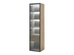 Vitrine com faixa LED, porta de vidro e gaveta - Cor natural clara