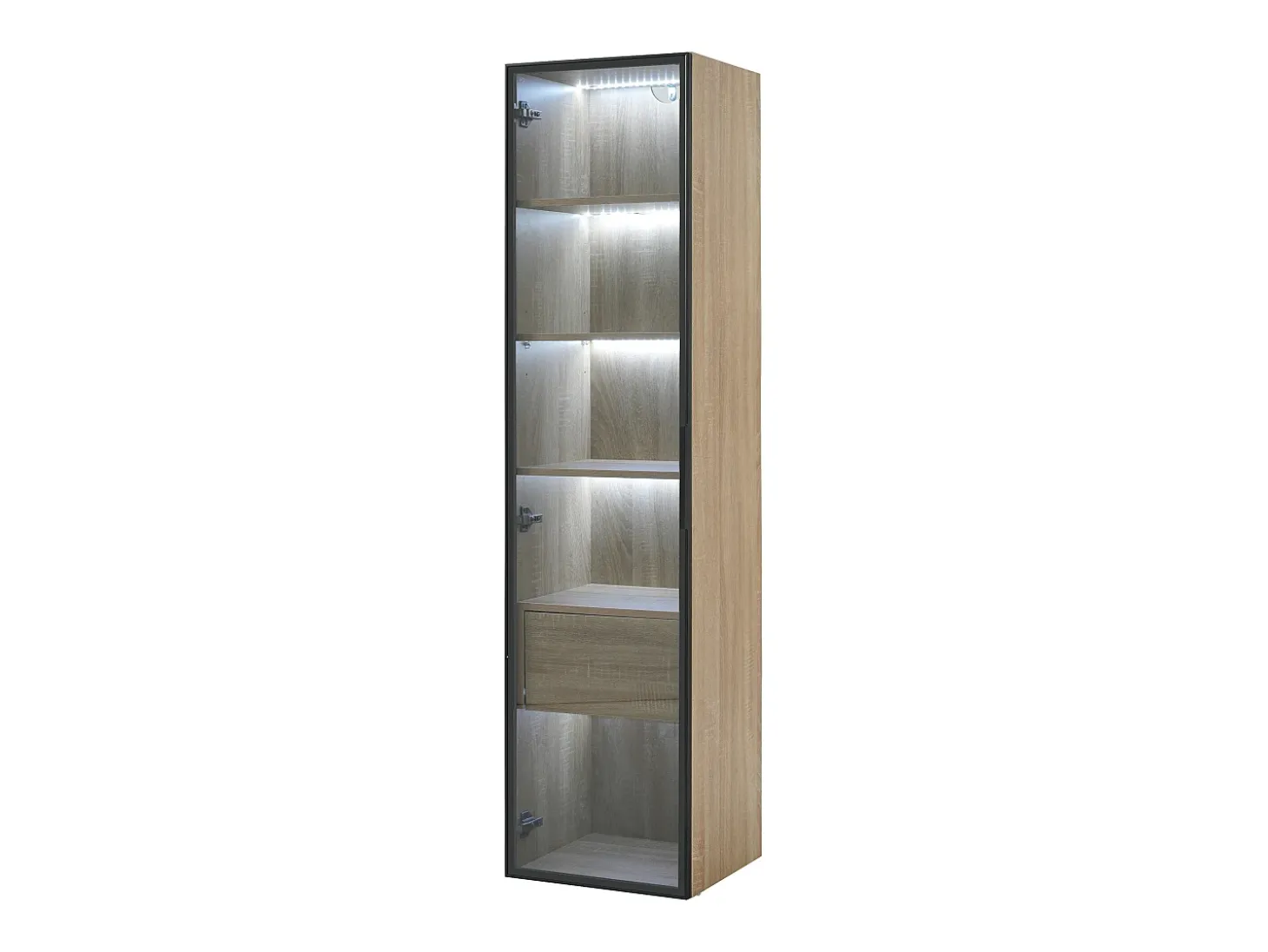 Vitrine com faixa LED, porta de vidro e gaveta - Cor natural clara