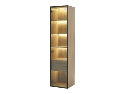 Vitrine com faixa LED, porta de vidro e gaveta - Cor natural clara