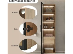Vitrine com faixa LED, porta de vidro e gaveta - Cor natural clara