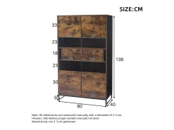 Vitrine com iluminação LED, vitrine independente, armário com 2 gavetas, com painel de acrílico, 80x40x138 cm, marrom