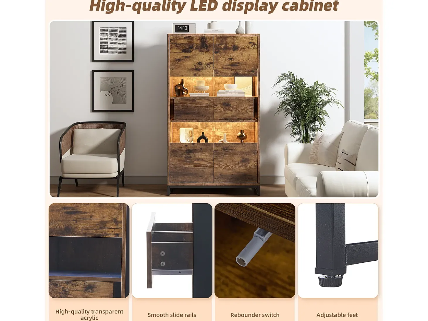Vitrine com iluminação LED, vitrine independente, armário com 2 gavetas, com painel de acrílico, 80x40x138 cm, marrom