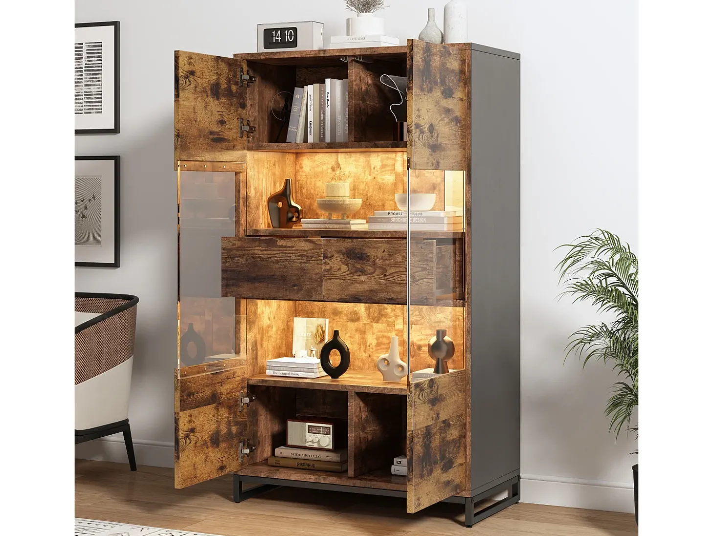 Vitrine com iluminação LED, vitrine independente, armário com 2 gavetas, com painel de acrílico, 80x40x138 cm, marrom