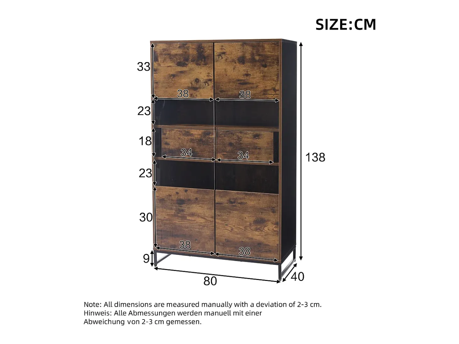 Vitrine com iluminação LED, vitrine independente, armário com 2 gavetas, com painel de acrílico, 80x40x138 cm, marrom