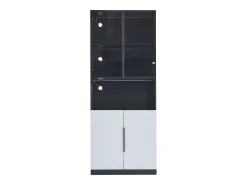Vitrine com iluminação LED, 2 portas de vidro e 2 portas de madeira - Branco e preto