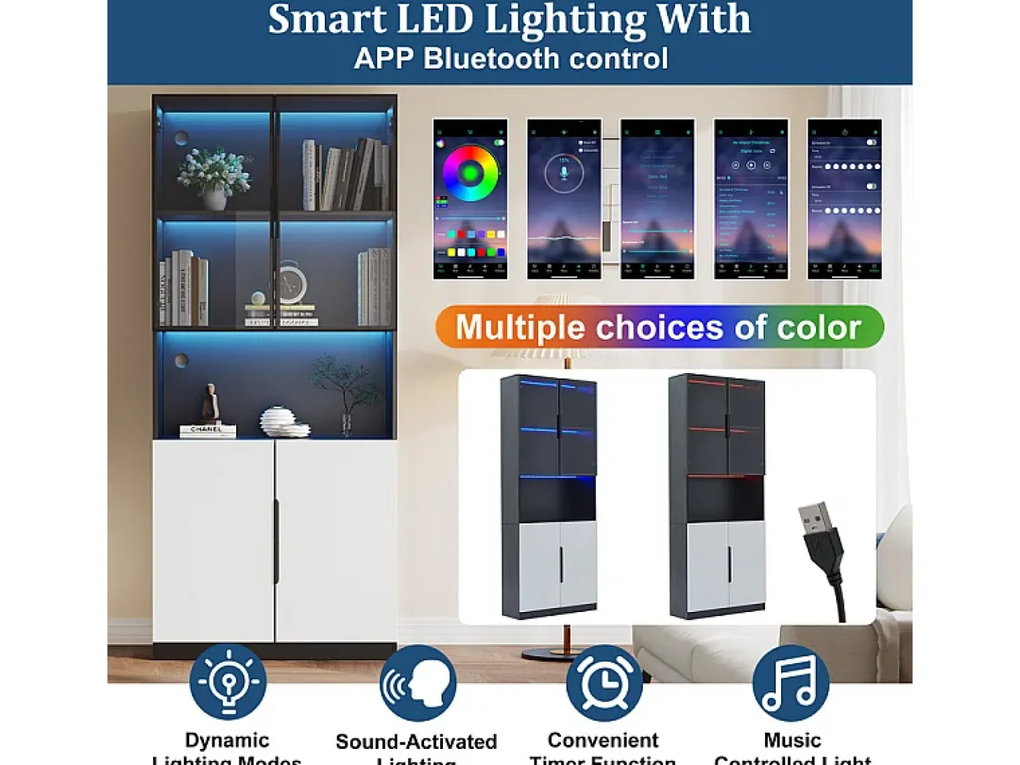 Vitrine com LED - 4 Portas + 1 Nicho - Anti-Queda - Cor e Brilho Ajustável 80x30x200cm