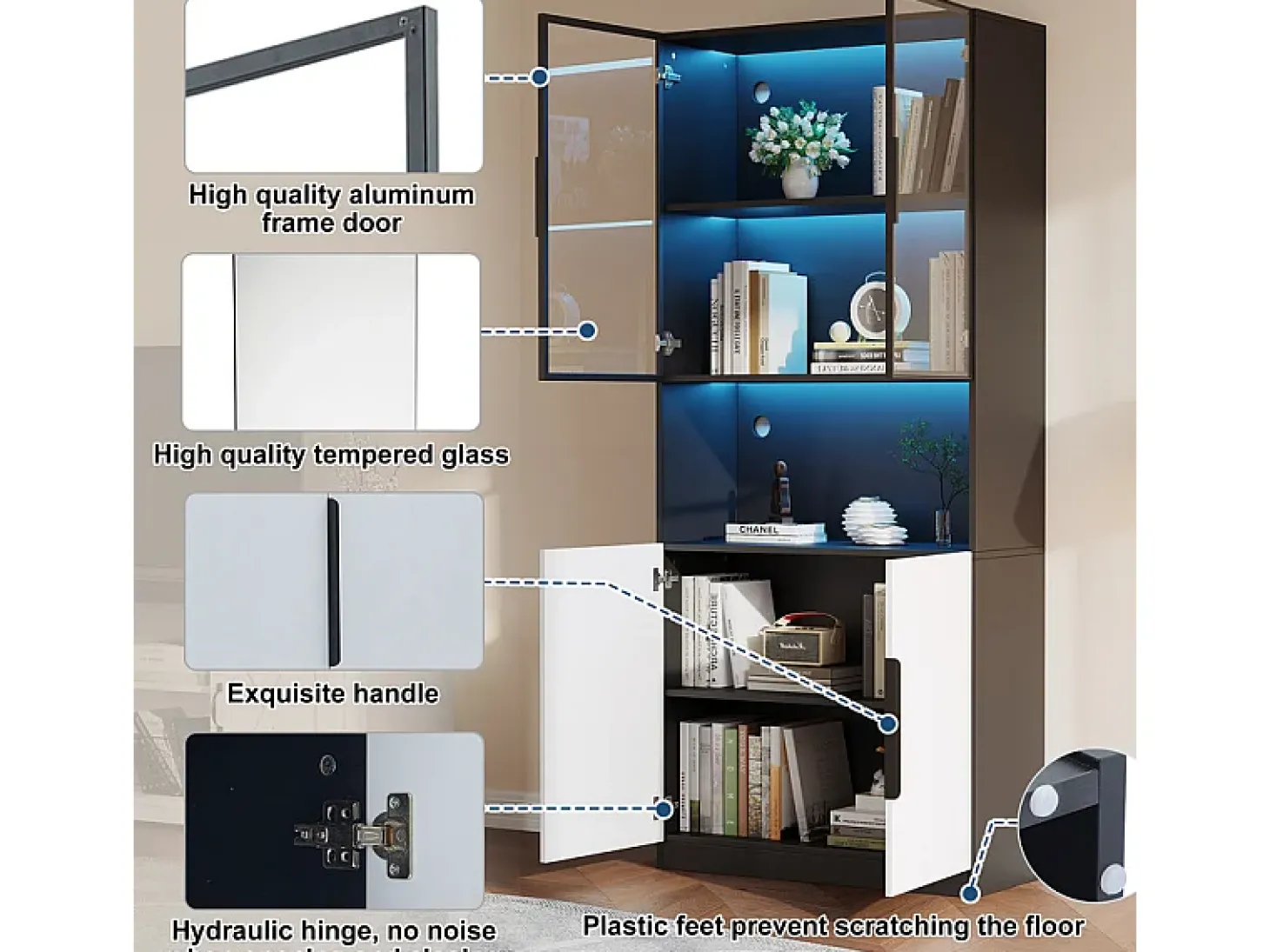 Vitrine com LED - 4 Portas + 1 Nicho - Anti-Queda - Cor e Brilho Ajustável 80x30x200cm