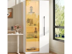 Vitrine com porta de vidro e LEDs - 70 x 40 x 160 cm - com prateleira lateral deslizante - MDF - branca
