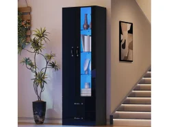 Vitrine com porta transparente - 60 x 35 x 182,5 cm - com LEDs + 2 portas + 2 gavetas - aglomerado - preto