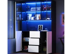 Vitrine con iluminação LED - 120×40×200 cm - 3 gavetas e 5 portas - Prateleiras abertas - MDF + vidro - Branco+preto