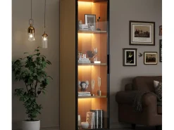 Vitrine con porta de vidro 40x40x165 cm - Iluminação LED - 1 porta de vidro temperado - Folheado de carvalho - MDF - Natural