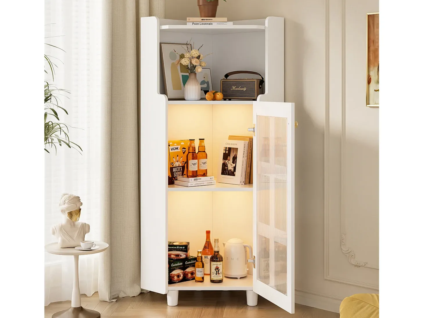 Vitrine de canto branca - Com iluminação LED e 2 portas de vidro