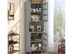 Vitrine de canto laqueada - 63,5 x 45 x 157,5 cm - com LEDs + 2 portas + prateleira - MDF - cinza