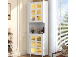 Vitrine de canto laqueada - 63,5 x 45 x 157,5 cm - com LEDs + 2 portas + prateleira - MDF - branca