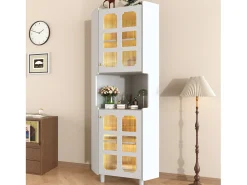 Vitrine de canto laqueada - 63,5 x 45 x 157,5 cm - com LEDs + 2 portas + prateleira - MDF - branca