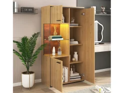 Vitrine de cor natural com 3 portas, iluminação LED e prateleiras em vidro, MDF