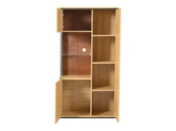 Vitrine de cor natural com 3 portas, iluminação LED e prateleiras em vidro, MDF