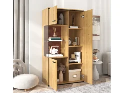 Vitrine de cor natural com 3 portas, iluminação LED e prateleiras em vidro, MDF