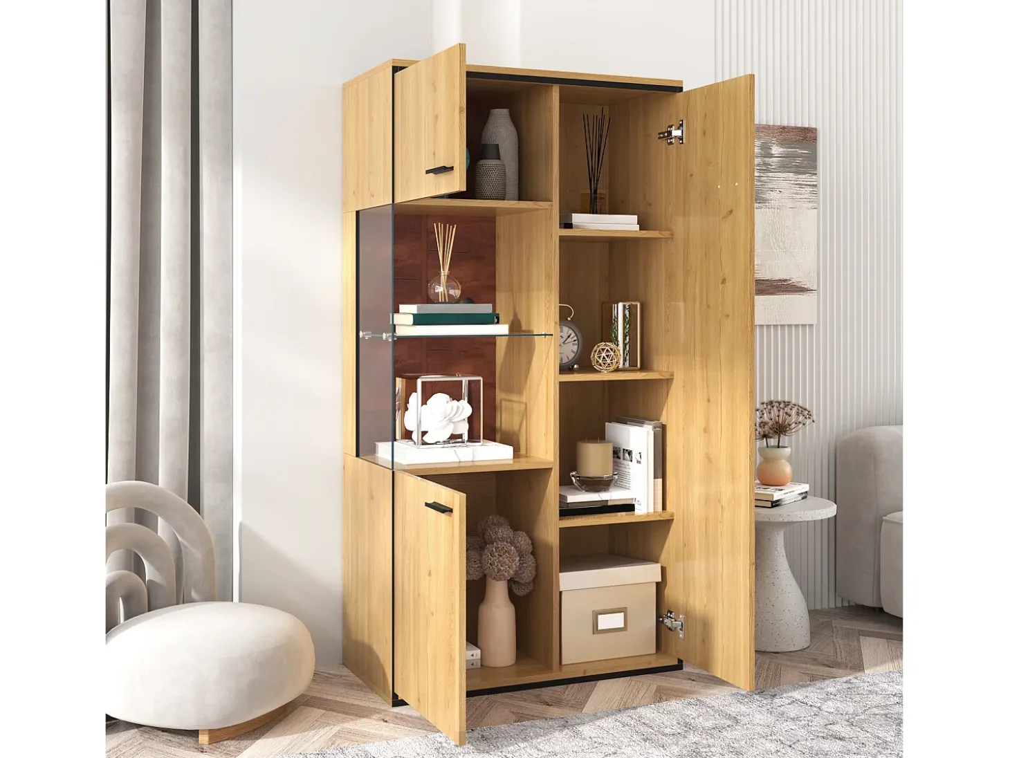 Vitrine de cor natural com 3 portas, iluminação LED e prateleiras em vidro, MDF