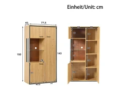 Vitrine de cor natural com 3 portas, iluminação LED e prateleiras em vidro, MDF