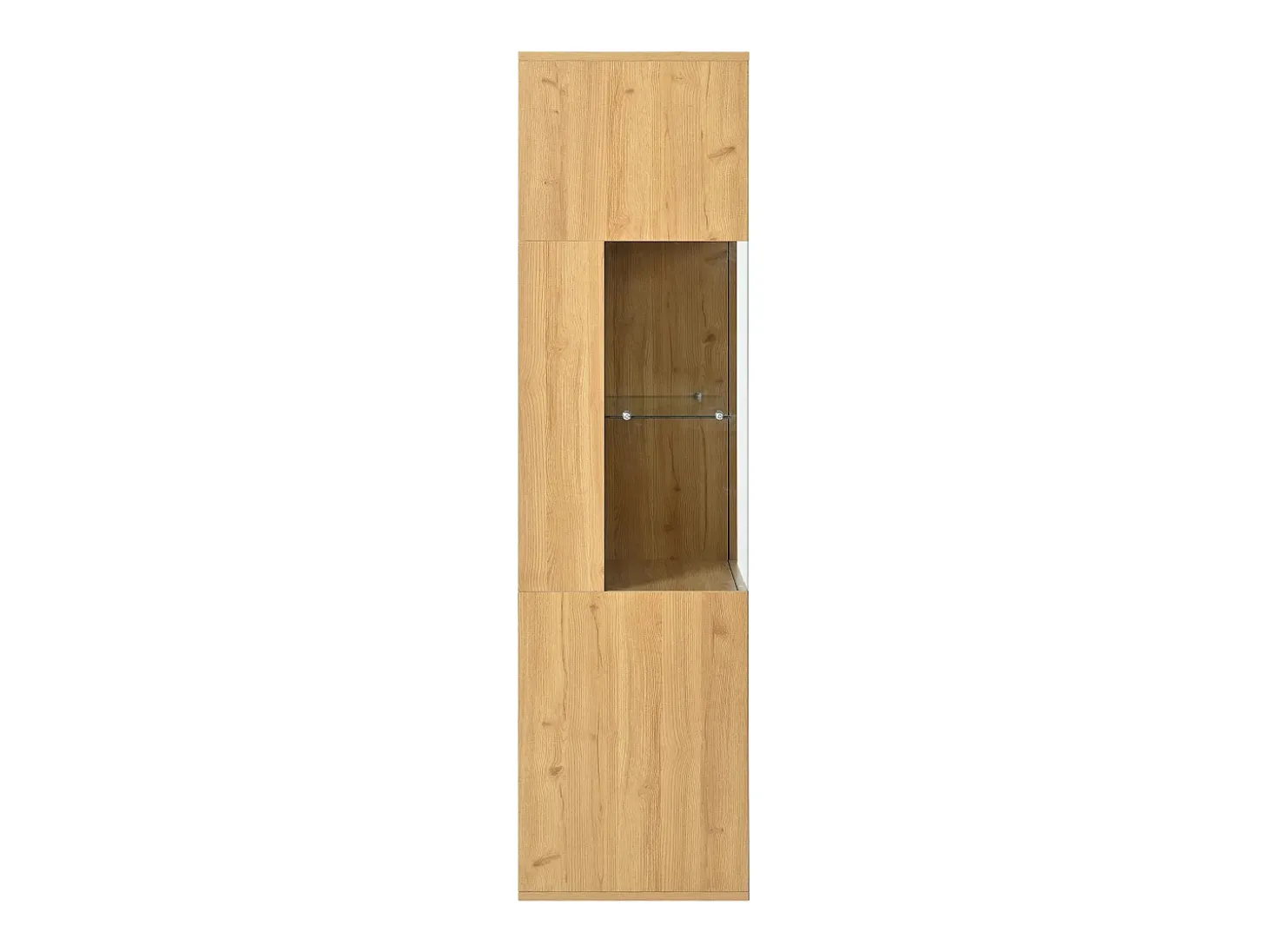 Vitrine de cor natural com 3 portas, iluminação LED e prateleiras em vidro, MDF