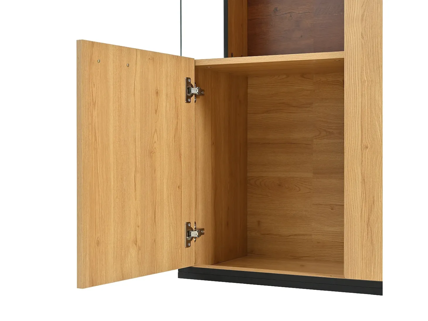 Vitrine de cor natural com 3 portas, iluminação LED e prateleiras em vidro, MDF