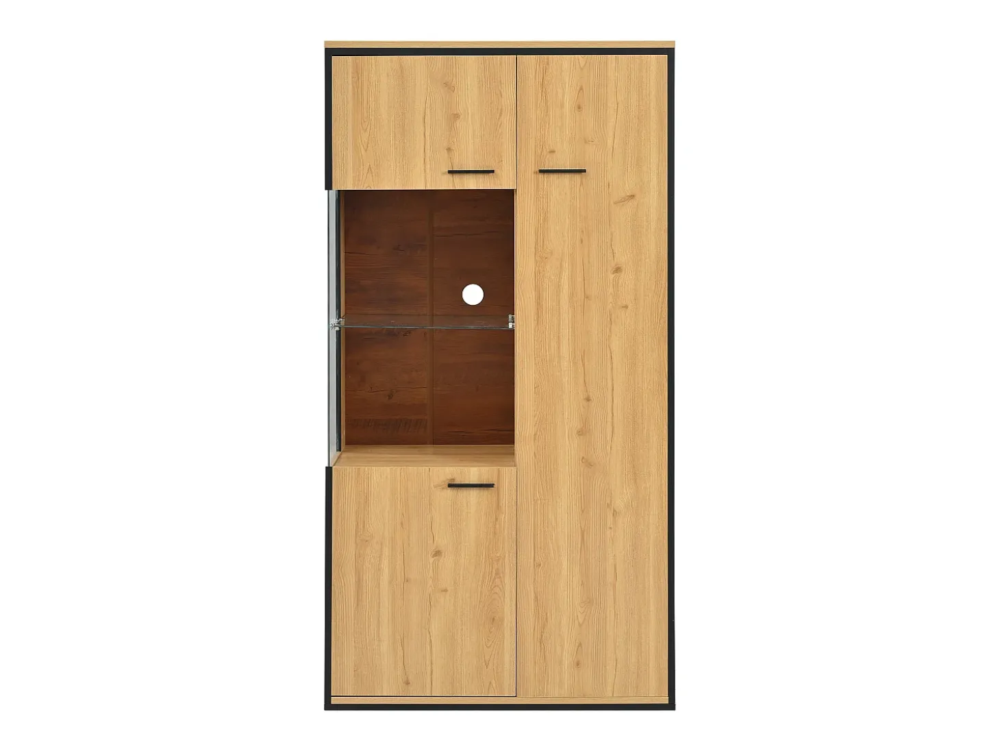 Vitrine de cor natural com 3 portas, iluminação LED e prateleiras em vidro, MDF