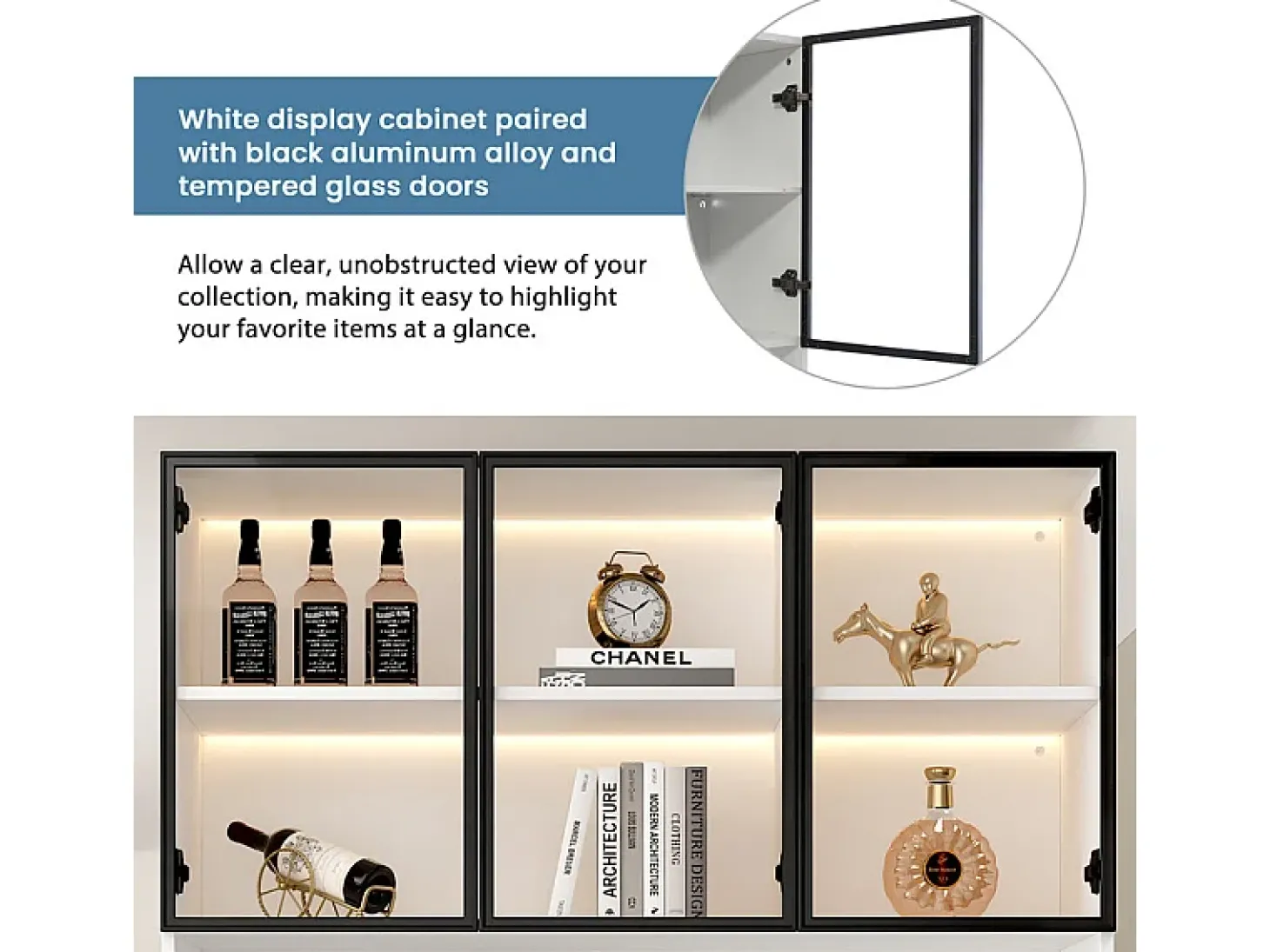 Vitrine de Parede - 6 Portas de Vidro + 3 Gavetas - com LED RGB - Painel Partículas 120x36x200cm