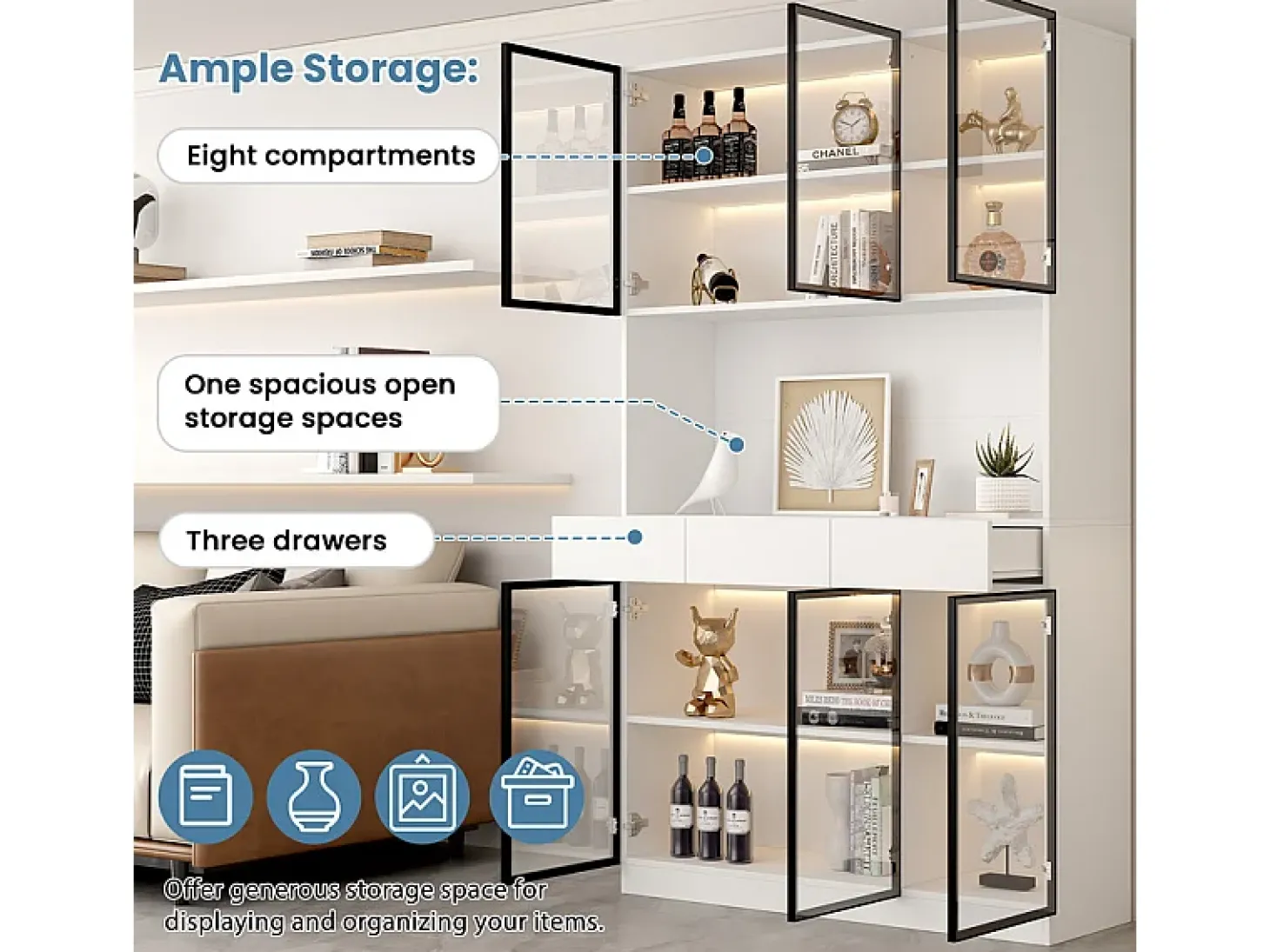 Vitrine de Parede - 6 Portas de Vidro + 3 Gavetas - com LED RGB - Painel Partículas 120x36x200cm