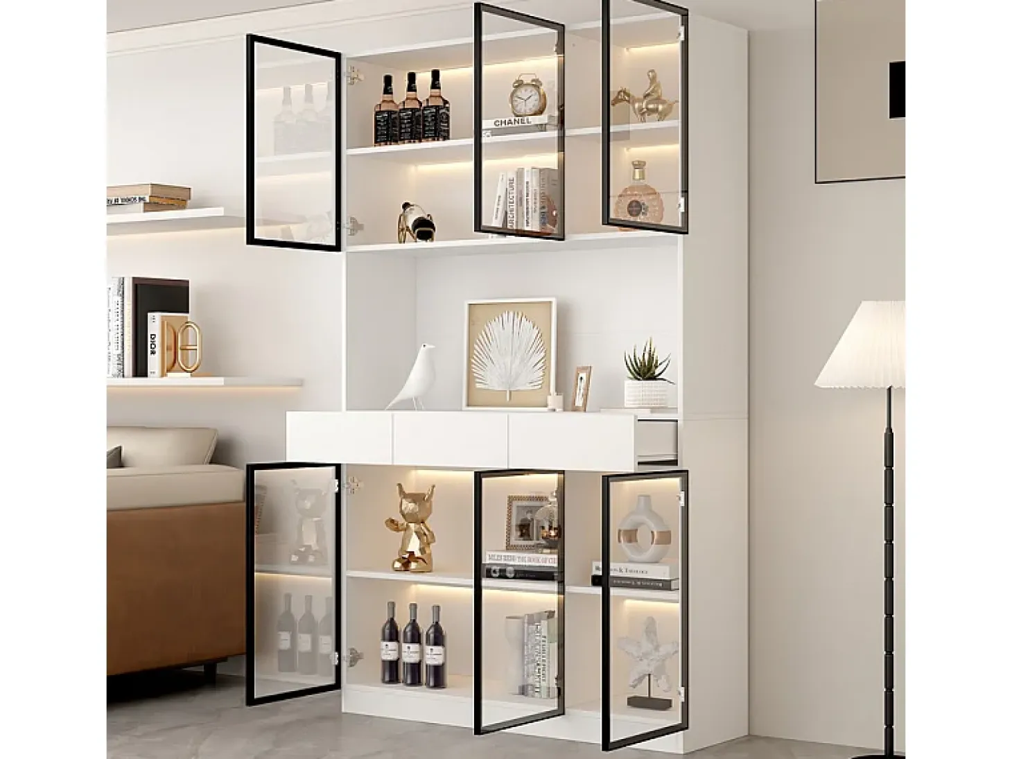 Vitrine de Parede - 6 Portas de Vidro + 3 Gavetas - com LED RGB - Painel Partículas 120x36x200cm