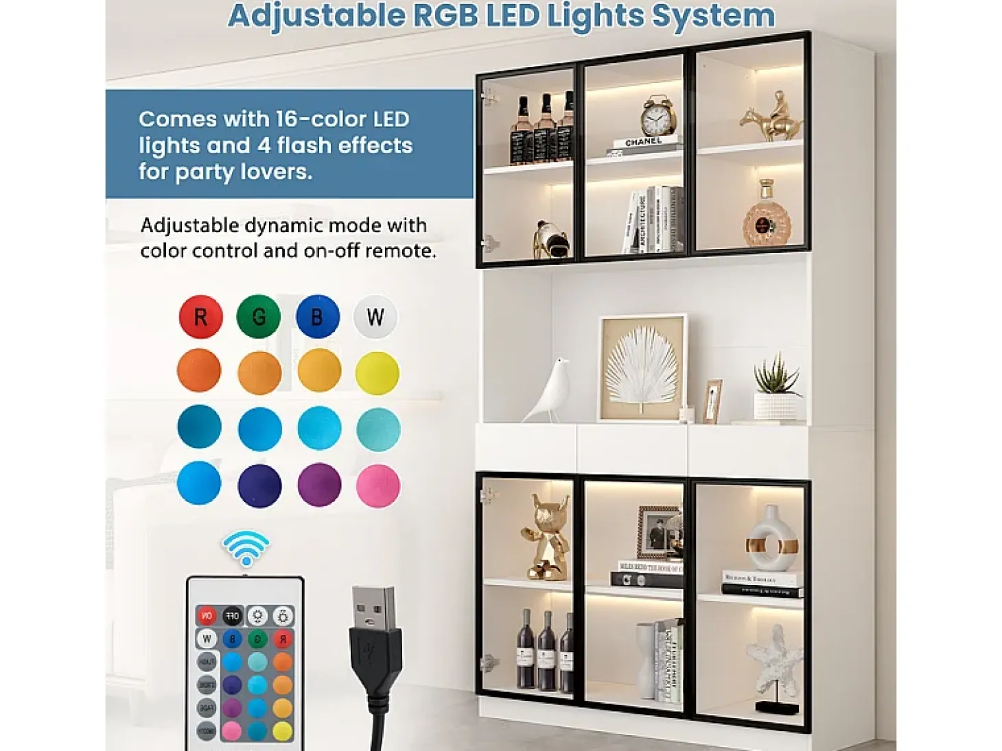 Vitrine de Parede - 6 Portas de Vidro + 3 Gavetas - com LED RGB - Painel Partículas 120x36x200cm