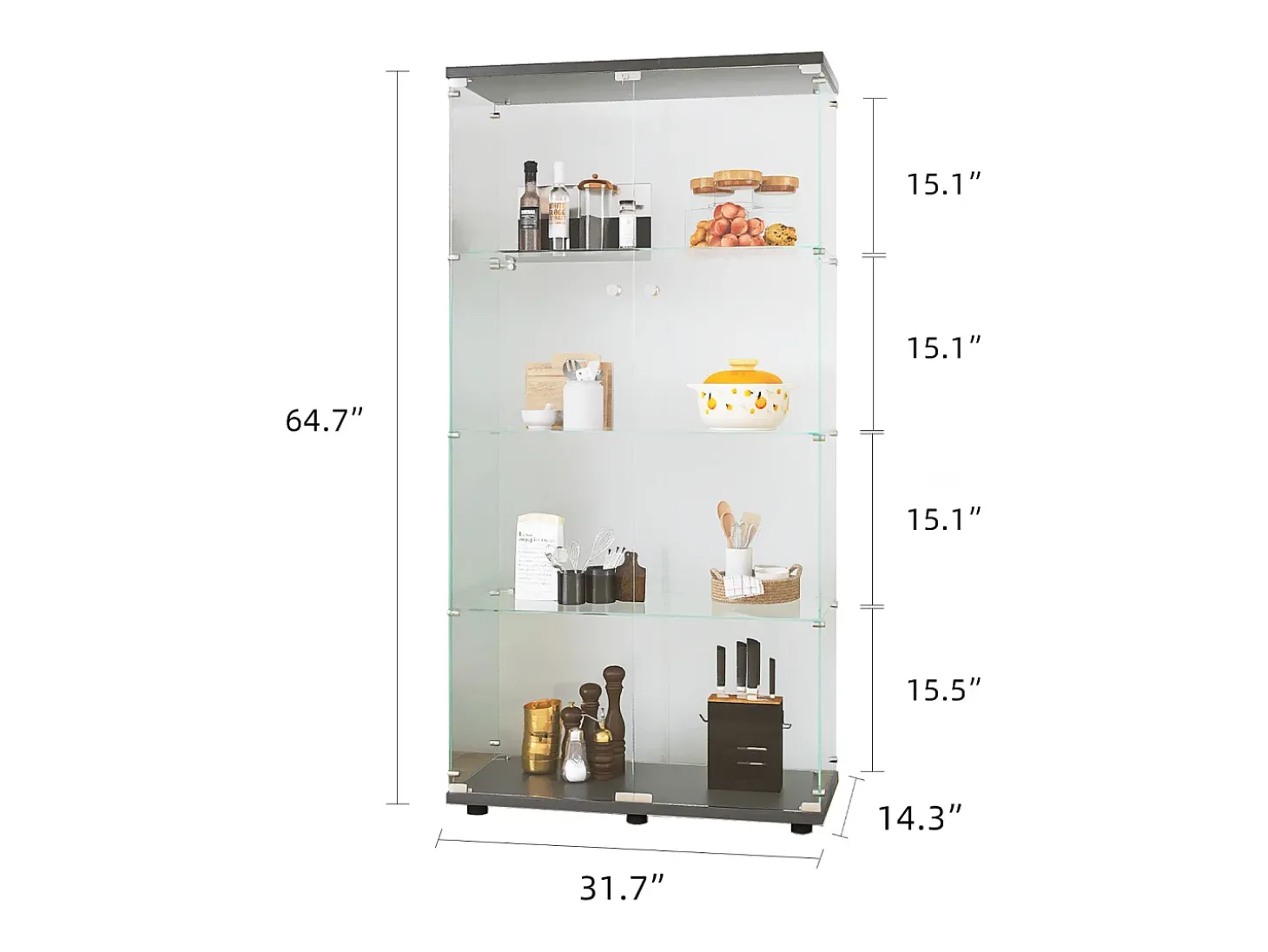 Vitrine de vidro – 4 prateleiras, 2 portas, vitrine independente, preta, 81x37x165 cm