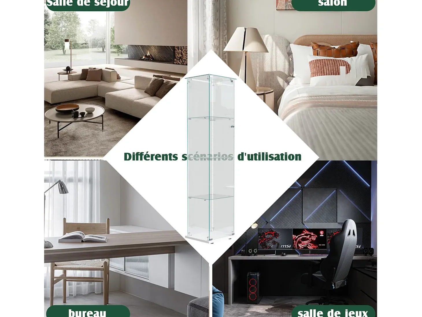 Vitrine de vidro – 5 prateleiras, portas duplas, vitrine para sala de estar