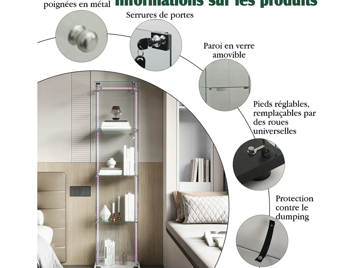 Vitrine de vidro – 5 prateleiras, portas duplas, vitrine para sala de estar
