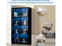 Vitrine de vidro - 80 x 40 x 160 cm - com LEDs + 2 portas de armazenamento com prateleiras móveis - aglomerado - preto