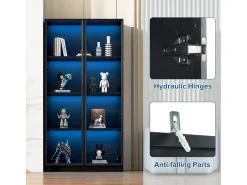 Vitrine de vidro - 80 x 40 x 160 cm - com LEDs + 2 portas de armazenamento com prateleiras móveis - aglomerado - preto